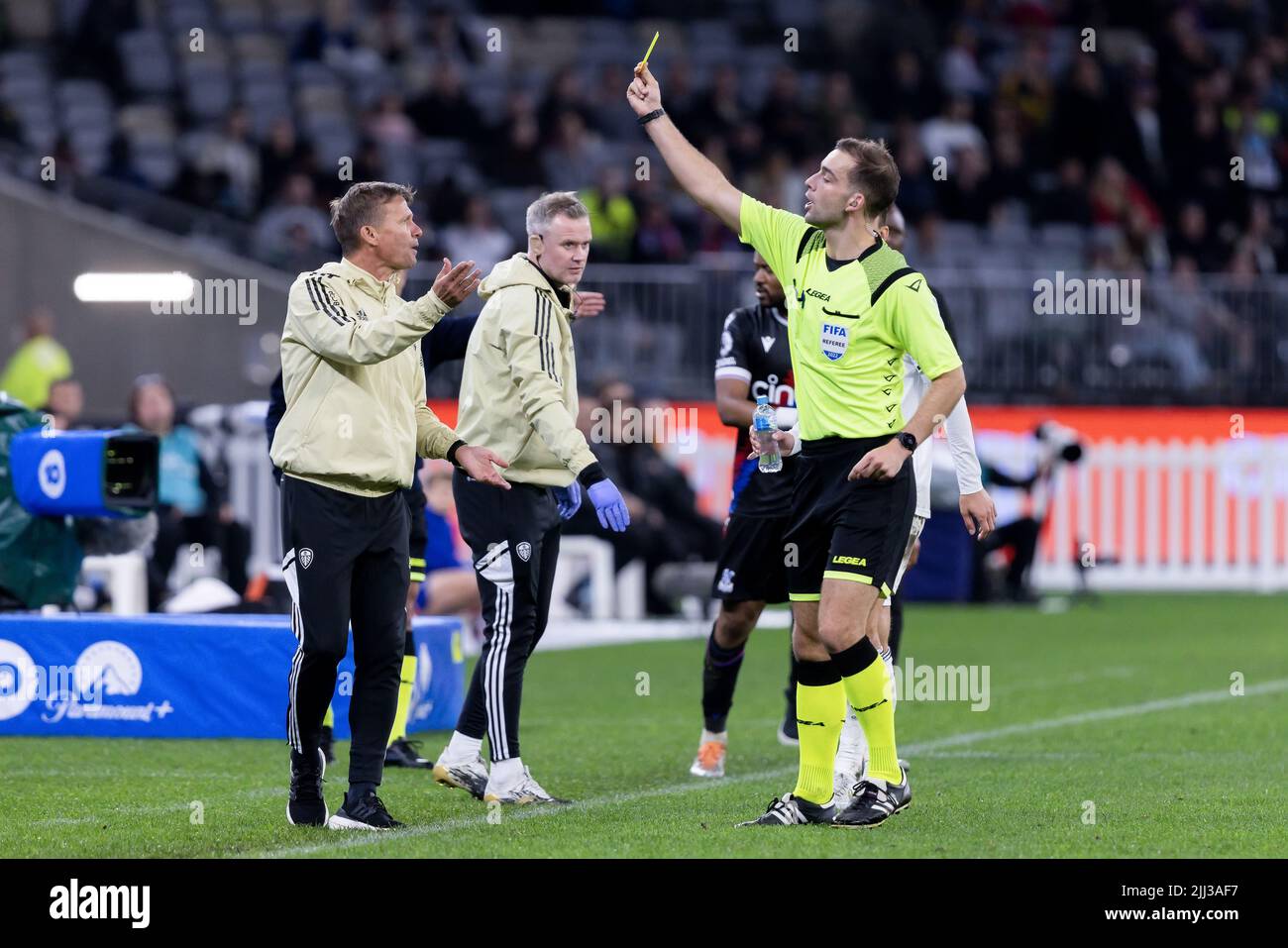 Perth, Australia, 22 July, 2022. Leeds United Manager, Jesse Marsch, is booked during the ICON Festival of International Football match between Crystal Palace and Leeds United at Optus Stadium on July 22, 2022 in Perth, Australia. Credit: Graham Conaty/Speed Media/Alamy Live News Stock Photo