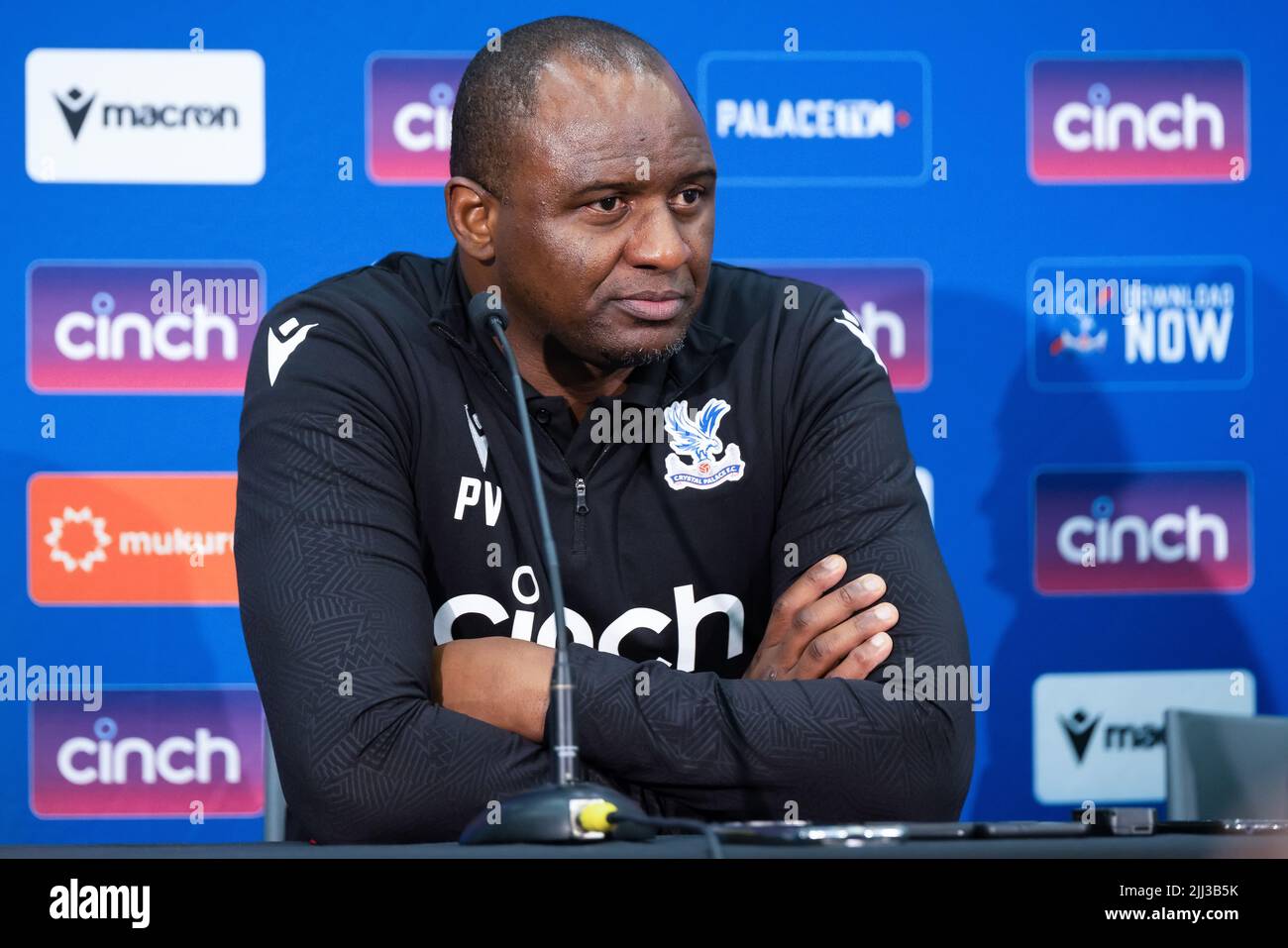 Perth, Australia, 22 July, 2022. Crystal Pallace Manager, Patrick Vieira, during post-game press conference following the ICON Festival of International Football match between Crystal Palace and Leeds United at Optus Stadium on July 22, 2022 in Perth, Australia. Credit: Graham Conaty/Speed Media/Alamy Live News Stock Photo