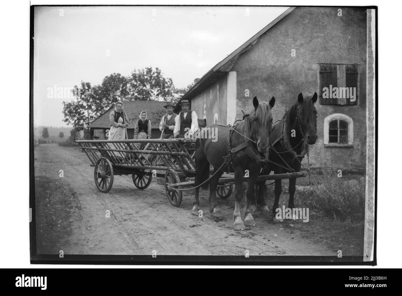 Elgersta, Latorps Bruk, Tysslinge parish shred and two horses. 4 persons.Alb. Larsson. Stock Photo