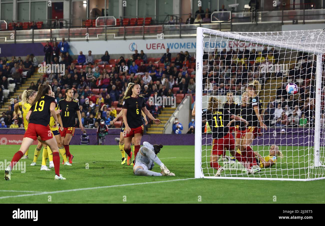 Leigh, UK. 22nd July, 2022. Leigh, England, 22nd July 2022.   Linda Sembrant of Sweden (L) scores the winning goal during the UEFA Women's European Championship 2022 match at Leigh Sports Village, Leigh. Picture credit should read: Darren Staples / Sportimage Credit: Sportimage/Alamy Live News Stock Photo