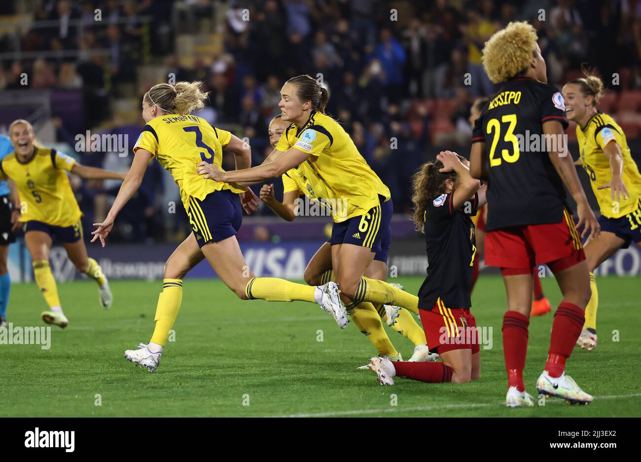 Leigh, UK. 22nd July, 2022. Leigh, England, 22nd July 2022.   Linda Sembrant of Sweden (L) celebrates scoring the winning goal during the UEFA Women's European Championship 2022 match at Leigh Sports Village, Leigh. Picture credit should read: Darren Staples / Sportimage Credit: Sportimage/Alamy Live News Stock Photo