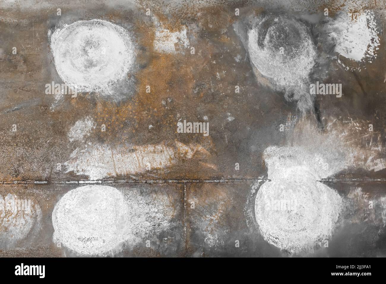 White spots paint stains abstract pattern design on dark metallic rusty surface steel background