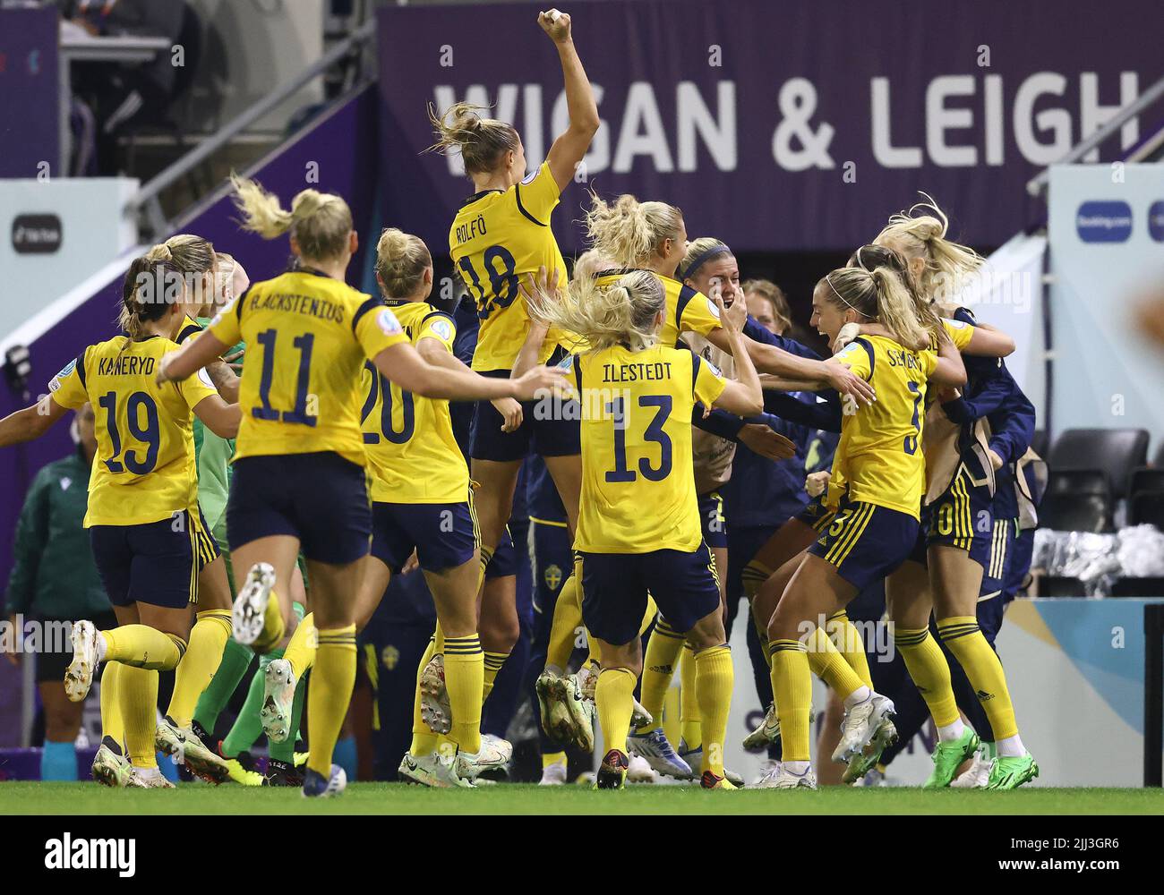 Leigh, UK. 22nd July, 2022. Leigh, England, 22nd July 2022.   Linda Sembrant of Sweden (R) celebrates scoring the winning goal during the UEFA Women's European Championship 2022 match at Leigh Sports Village, Leigh. Picture credit should read: Darren Staples / Sportimage Credit: Sportimage/Alamy Live News Stock Photo