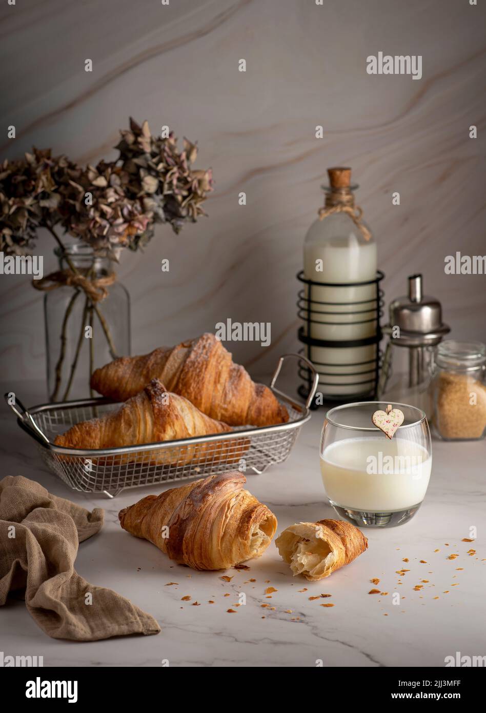 Food photography of croissant, breakfast, milk, sugar Stock Photo