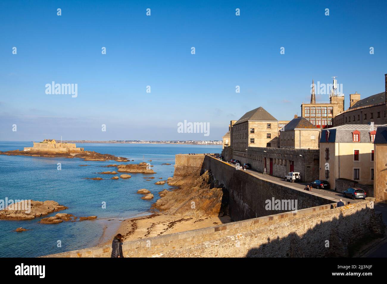 Saint Malo, France -  15 October, 2021: View from amazing promenade on the ramparts in the old town, Saint Malo, France. Stock Photo