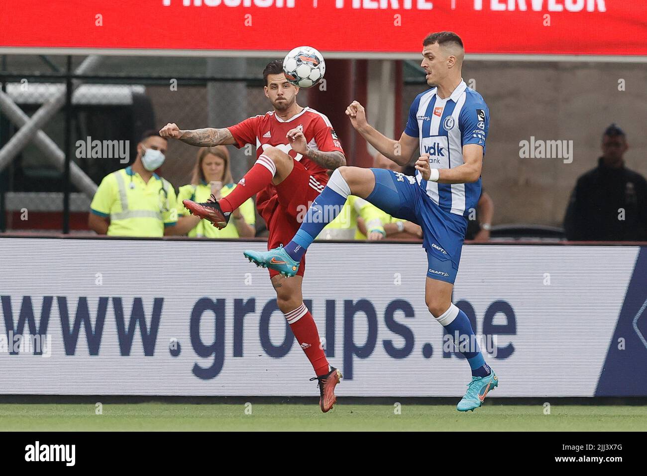 Liege, Belgium. 22nd July, 2022. Standard's Aron Donnum and Gent's