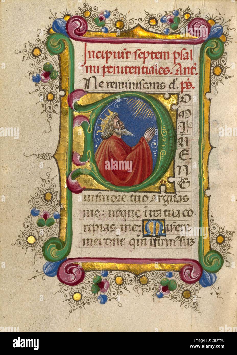 Initial D: David in Prayer; Taddeo Crivelli (Italian, died about 1479, active about 1451 - 1479); about 1469; Tempera colors, gold paint, gold leaf, and ink on parchment; Leaf: 10.8 × 7.9 cm (4 1/4 × 3 1/8 in.); Ms. Ludwig IX 13 (83.ML.109), fol. 78v; No Copyright - United States (http://rightsstatements.org/vocab/NoC-US/1.0/) Stock Photo