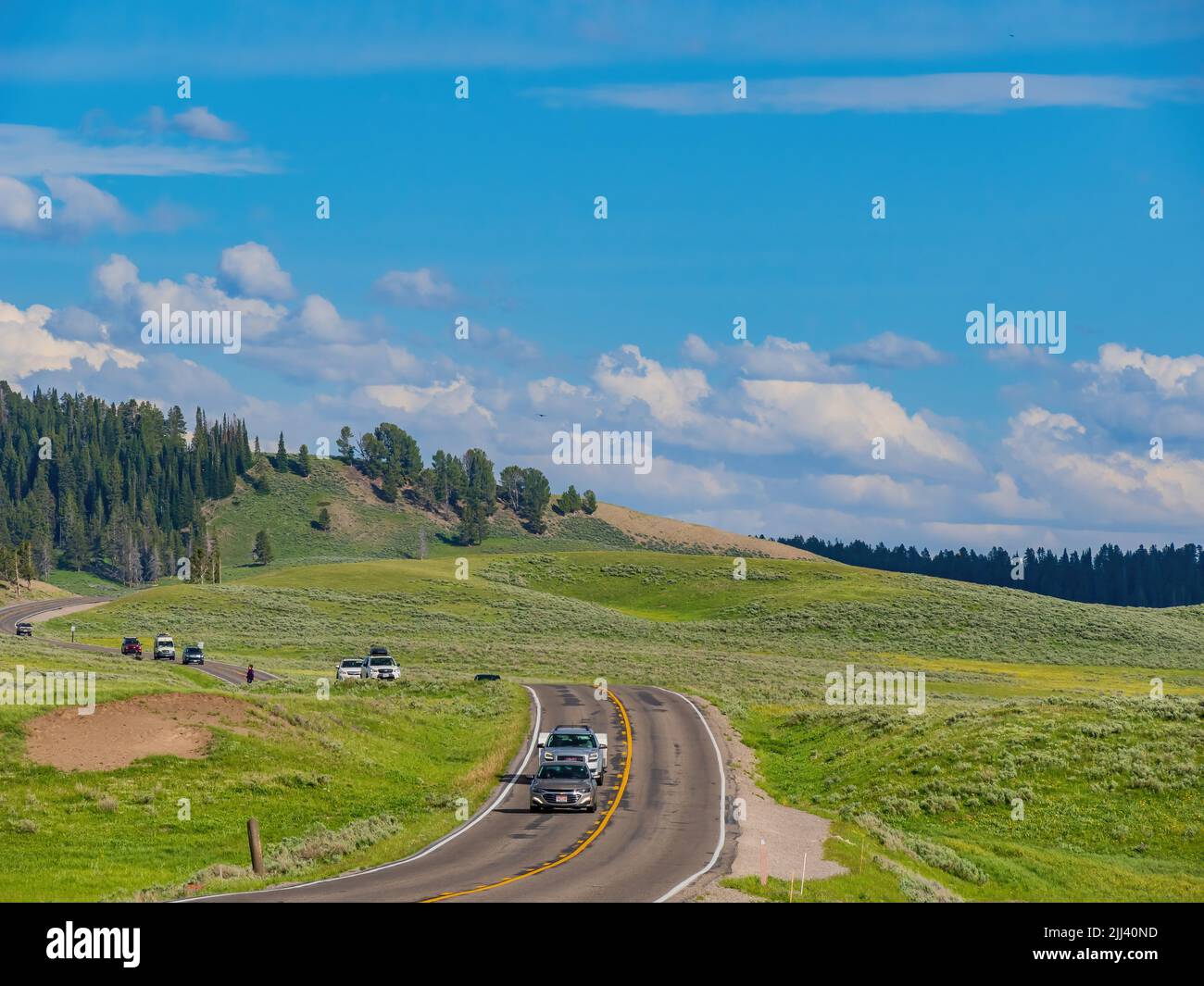 Wyoming, JUL 4 2022 - Sunny beautiful landscape in Yellowstone National Park Stock Photo