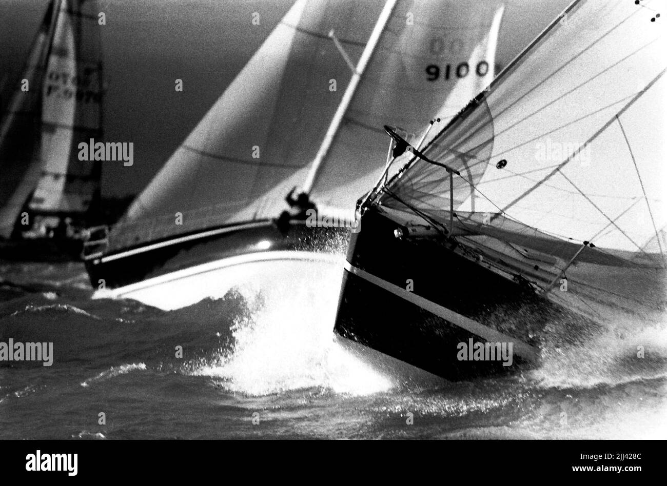 AJAXNETPHOTO. 1985. SOLENT, ENGLAND. - ADMIRAL'S CUP - MARIONETTE (SINGAPORE) AT START OF FASTNET RACE IN LUMPY SEAS OFF EGYPT POINT. PHOTO:JONATHAN EASTLAND/AJAX. REF: 340 222904 23 Stock Photo