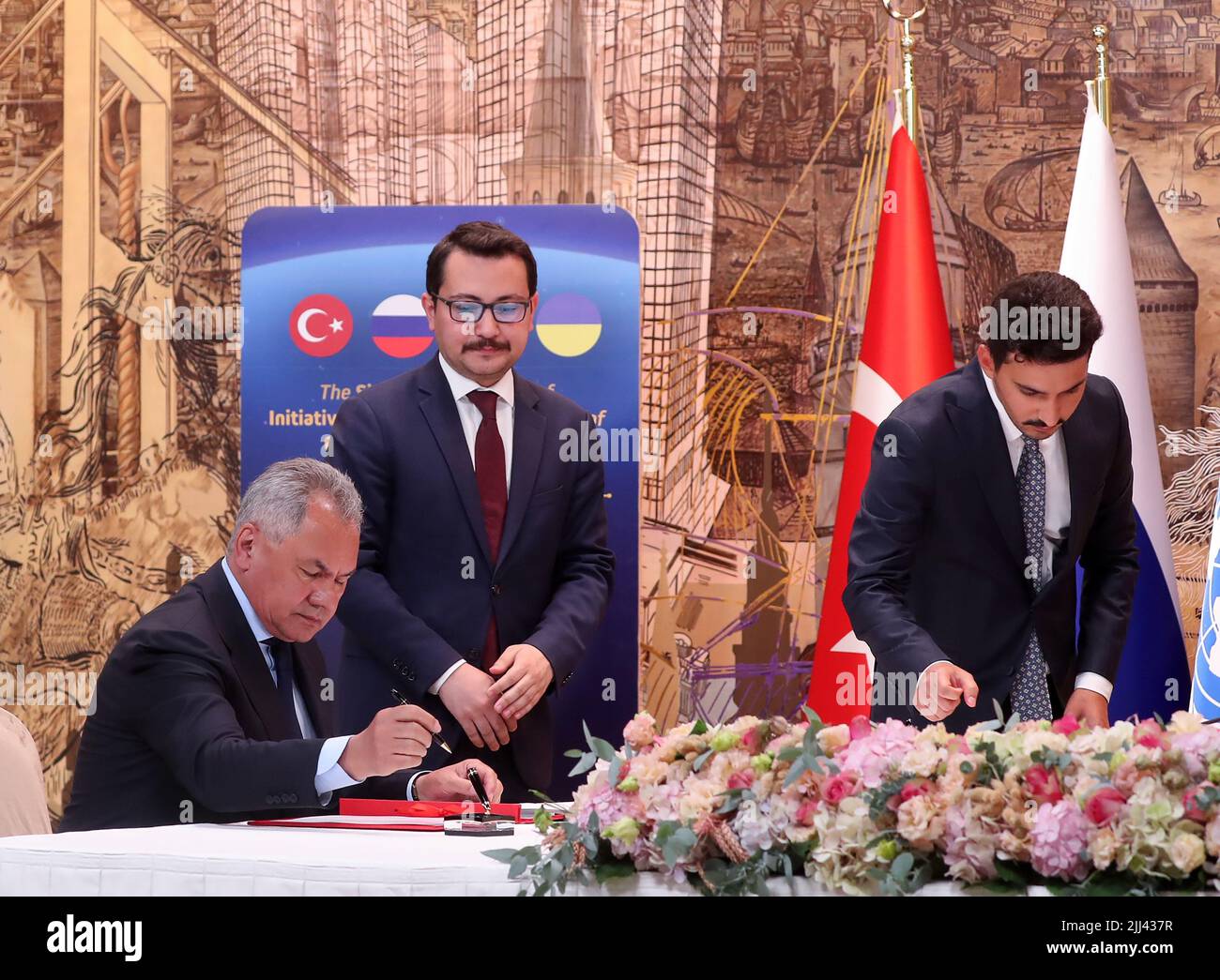 Istanbul, Turkey. 22nd July, 2022. Russian Defence Minister Sergei Shoigu attends a signature ceremony of an initiative on the safe transportation of grain and foodstuffs from Ukrainian ports, in Istanbul, on Friday on July 22, 2022. As a first major agreement between the warring parties since the invasion, Ukraine and Russia are expected to sign a deal in Istanbul today to free up the export of grain from Ukrainian ports. The deal has been brokered by the UN and Turkey. photo by Gokhan Mert/ Credit: UPI/Alamy Live News Stock Photo