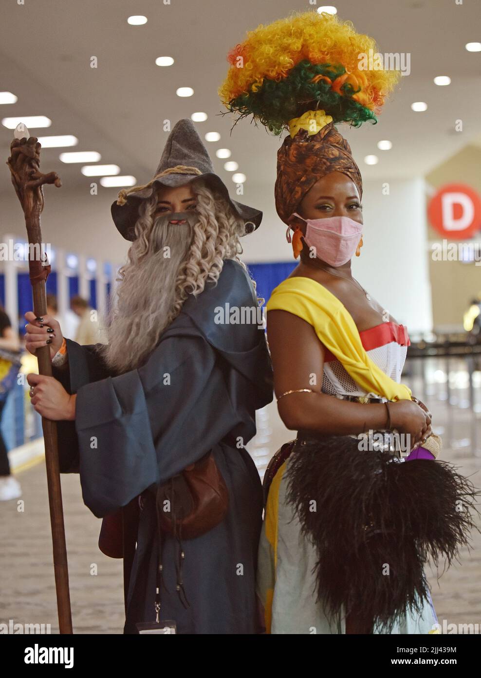 San Diego, USA. 22nd July, 2022. Fans Christian Smith (L) and Victoria Chapman cosplaying Gandalf and Eurydice from Hades attend Day 2 of Comic-Con at the San Diego Convention Center in San Diego, California on Friday, July 22, 2022. The fan favorite convention runs July 21 through July 24. Photo by Chris Chew/UPI Credit: UPI/Alamy Live News Stock Photo