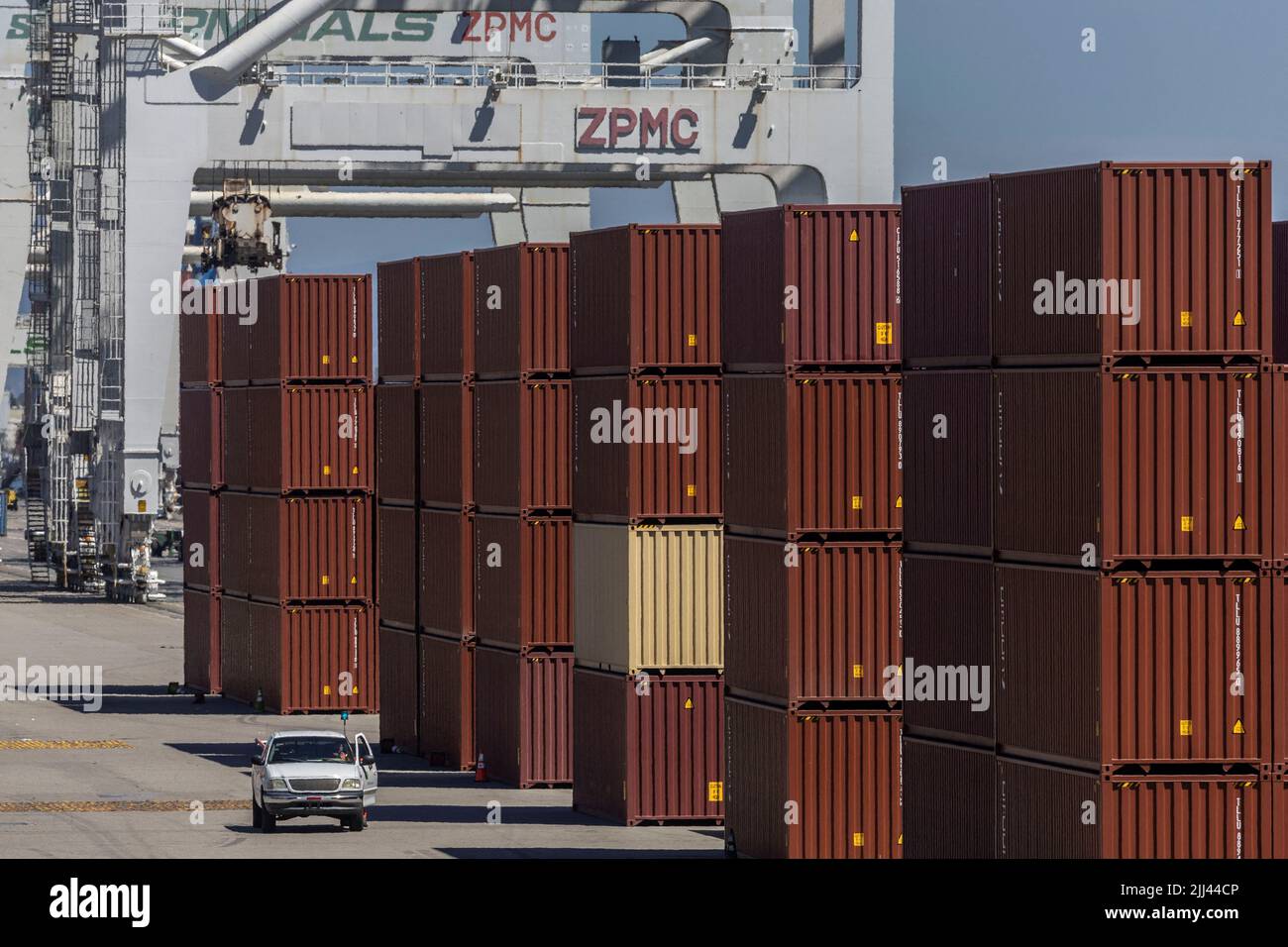 Shipping containers are seen are at a terminal of the Port of Oakland as independent truck driver continue protesting against California's new law known as AB5, in Oakland, California, U.S., July 22, 2022. REUTERS/Carlos Barria Stock Photo