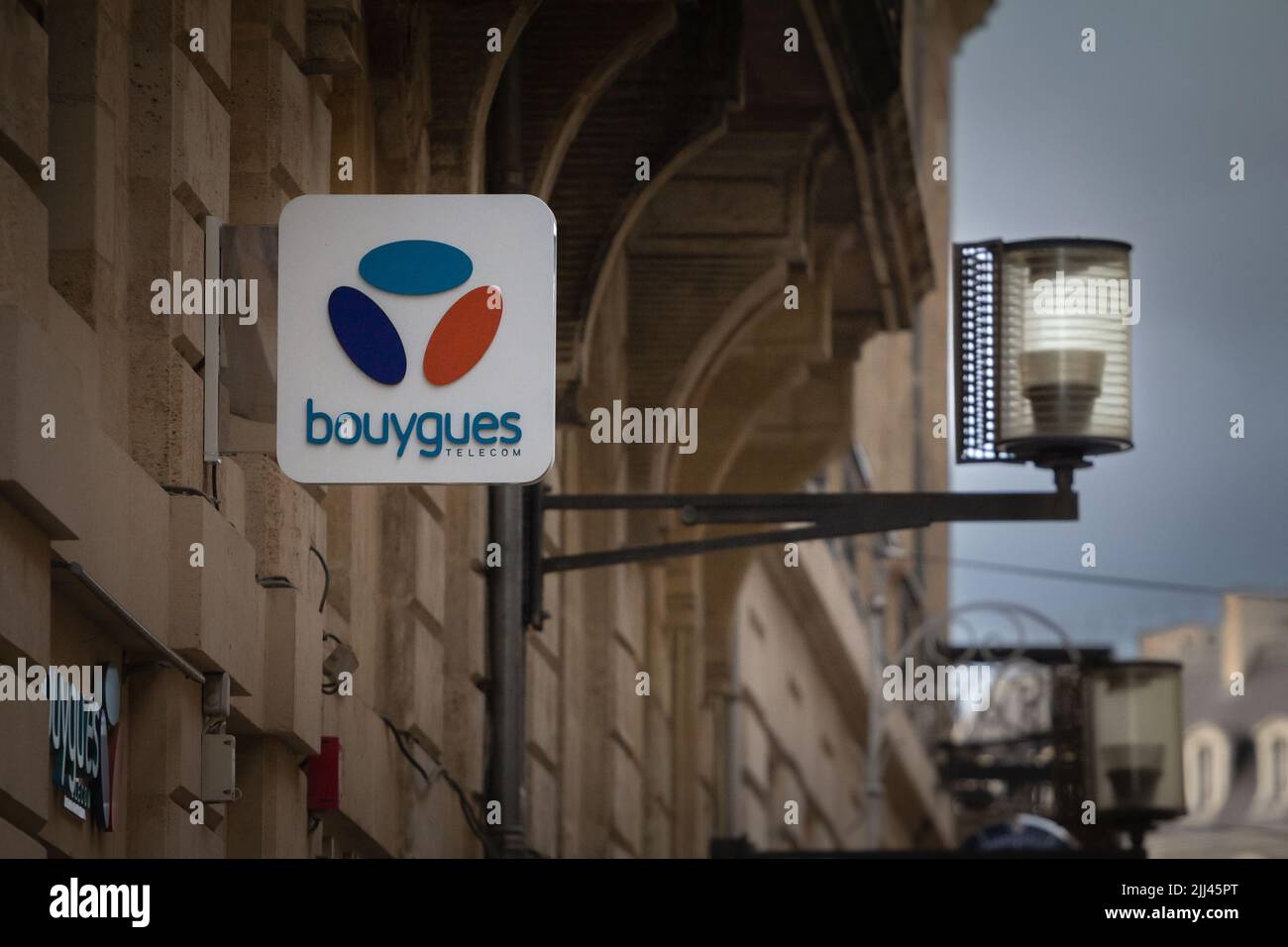 Logo of Bouygues Telecom on their main shop in Bordeaux, France. Part of the Bouygues Group, Bouygues is one of the biggest French Internet Service Pr Stock Photo