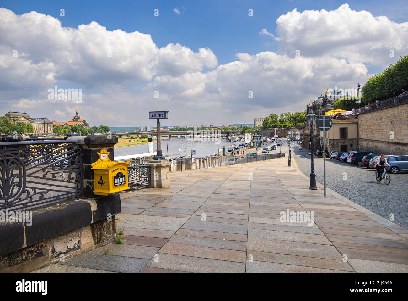 Dresden, Germany June 28, 2022 Panoramic view to the Terrassenufer to the river Elbe meadows