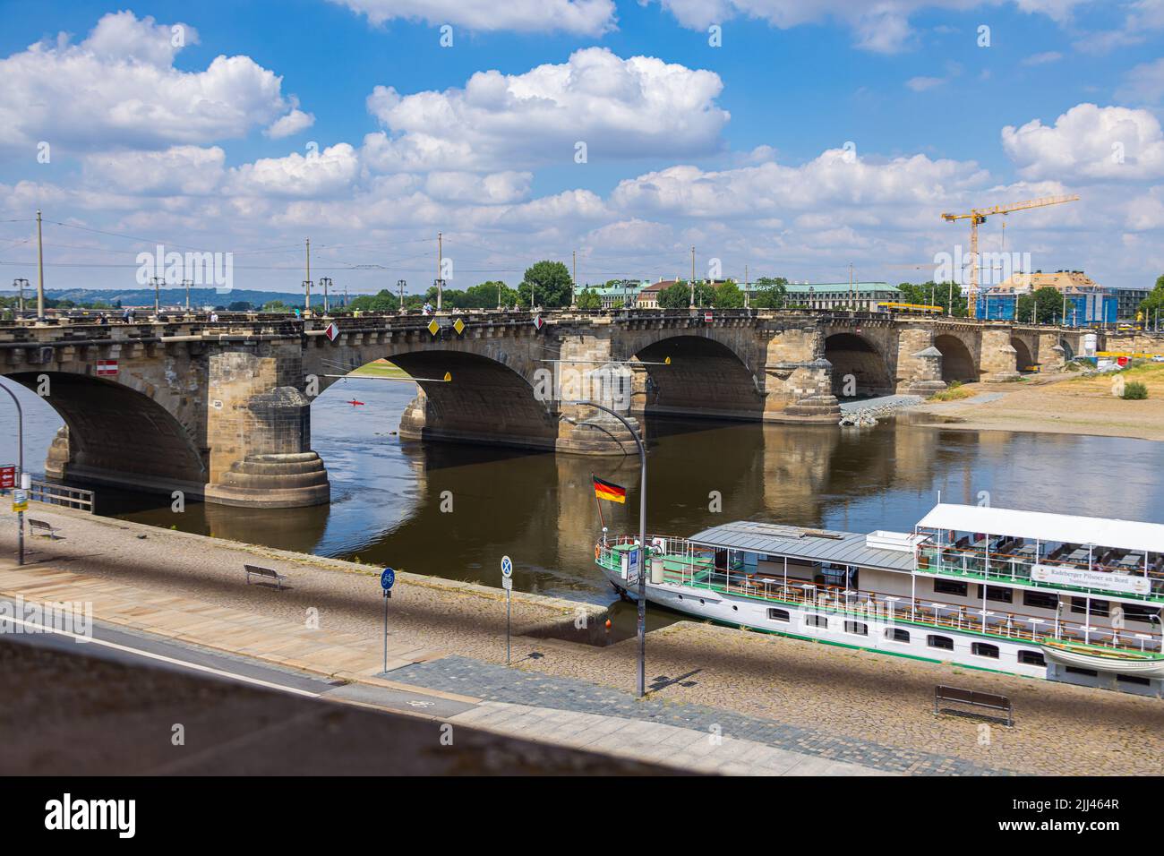 Dresden, Germany - June 28, 2022: Augustus bridge or Augustusbruecke on a sunny summer day. View from the Bruehl's Terrace (Brühlsche Terrasse) over t Stock Photo