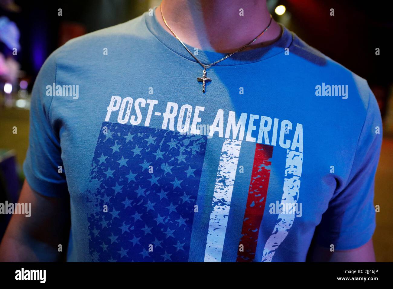 A detail on the t-shirt of an anti-abortion supporter at the Turning Point USA’s (TPUSA) Student Action Summit (SAS) in Tampa, Florida, U.S. July 22, 2022.  REUTERS/Marco Bello Stock Photo