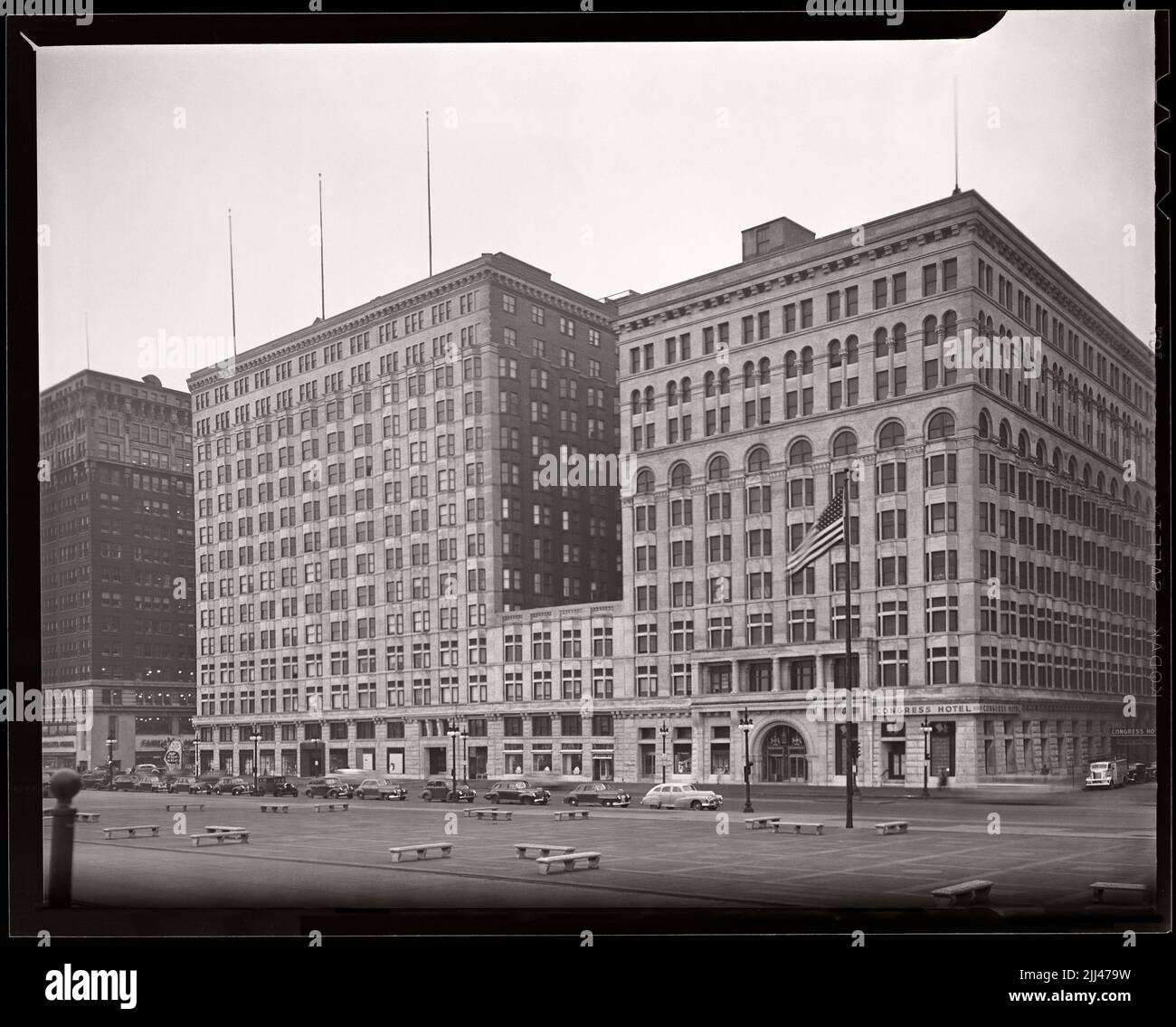Congress Plaza Hotel on Michigan Avenue in Chicago, Illinois. October 1, 1945.   Image from 4x5 inch negative Stock Photo
