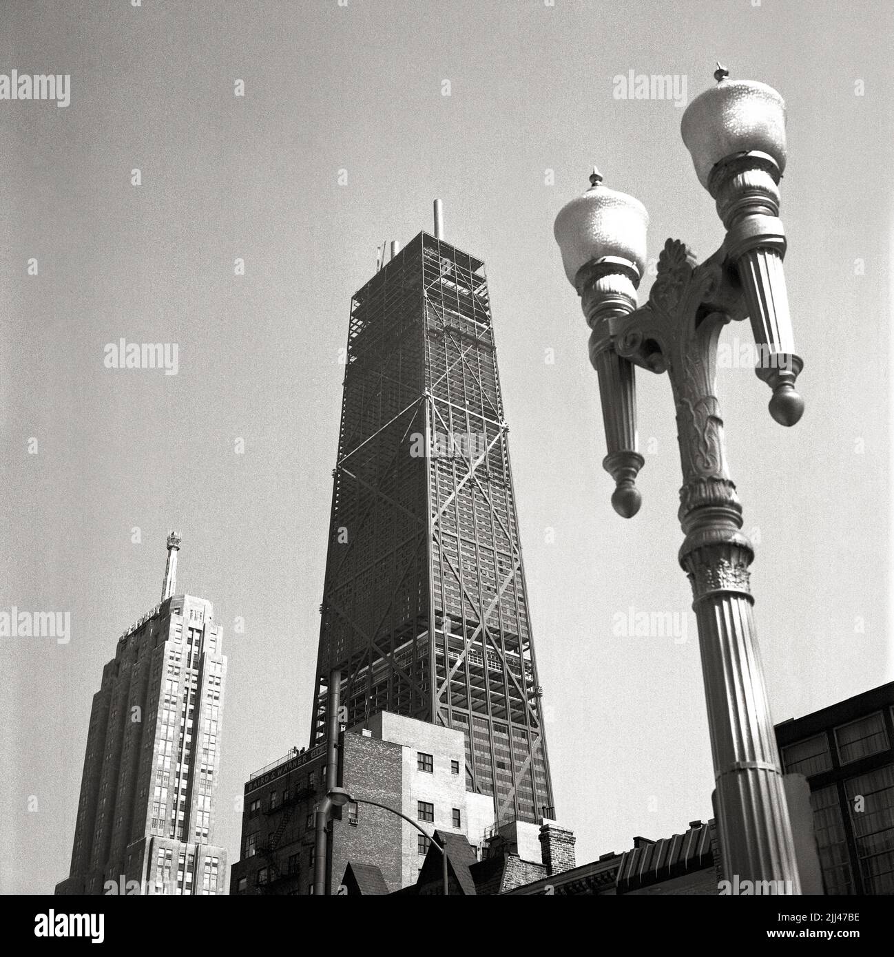 John Hancock building during construction, 1968.  Image from 6x6cm negative, photographer Vivian Maier. Stock Photo