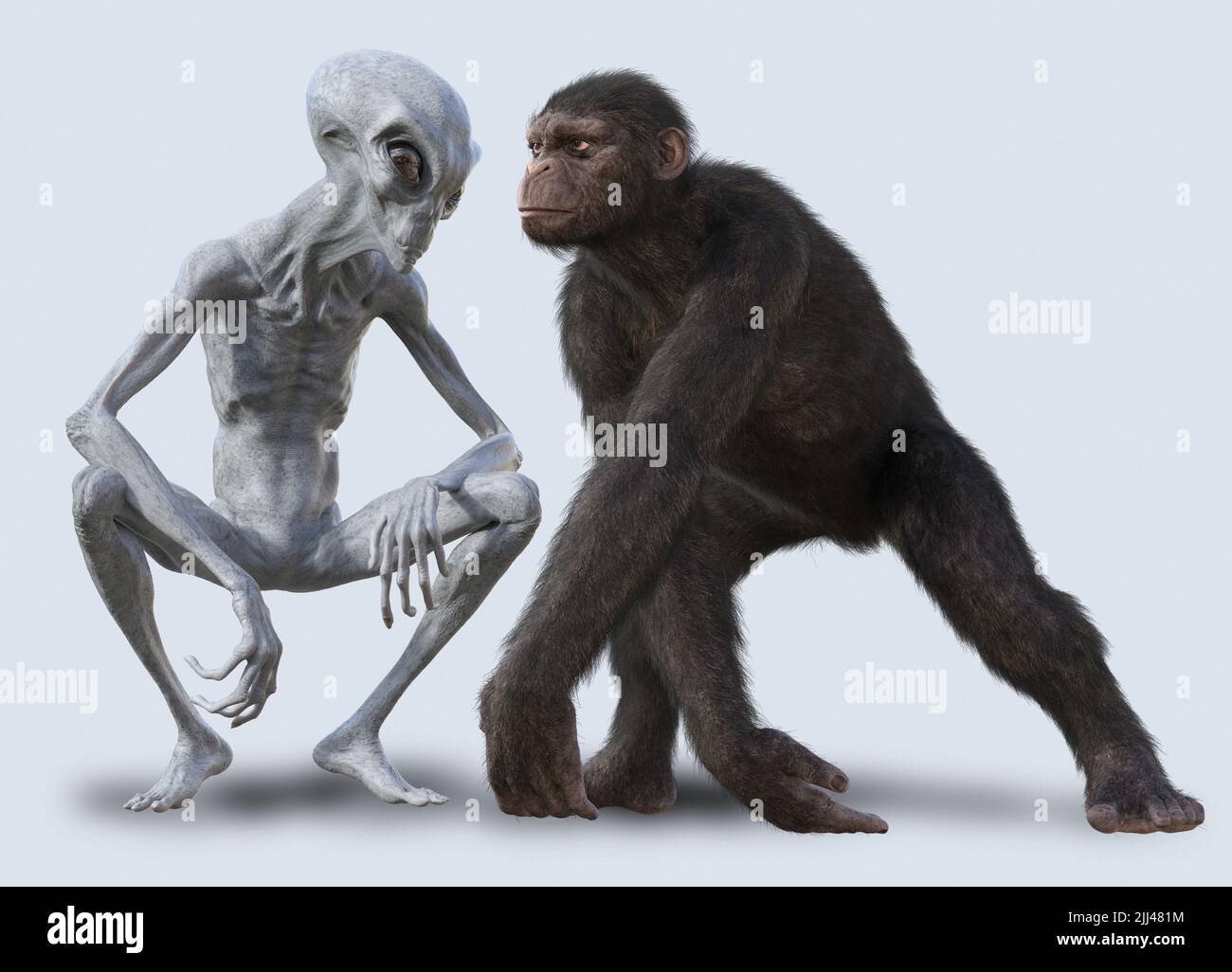 Conceptual illustration of ancient astronaut hypothesis, a pseudoscientific hypothesis that extraterrestrial beings meet with Stock Photo