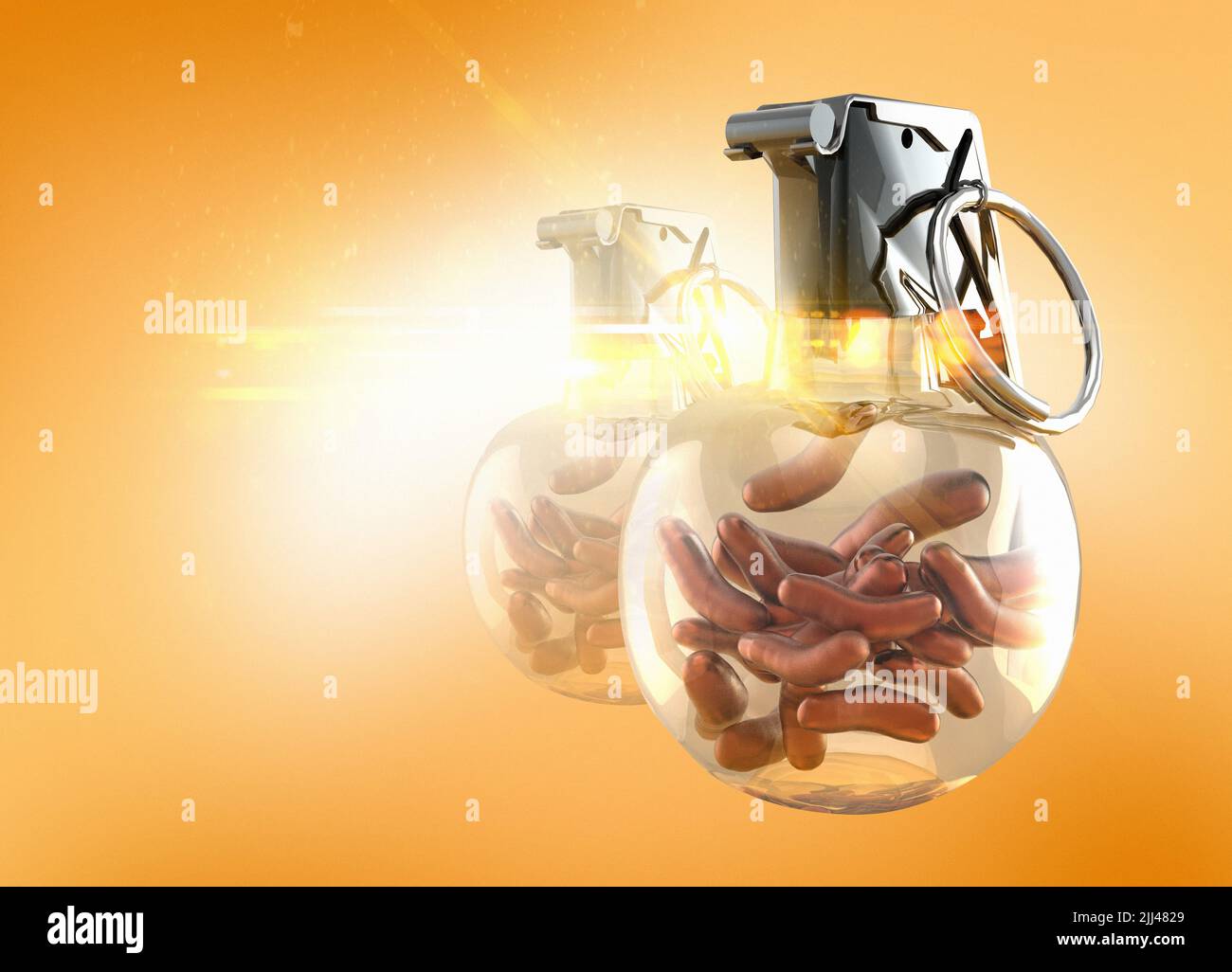 Conceptual illustration of a bacterial time bomb. The World Health Organization (WHO) has declared antimicrobial resistance (AMR), when bacteria change over time and no longer respond to medicines,  as one of the biggest global health threats facing humanity. Stock Photo