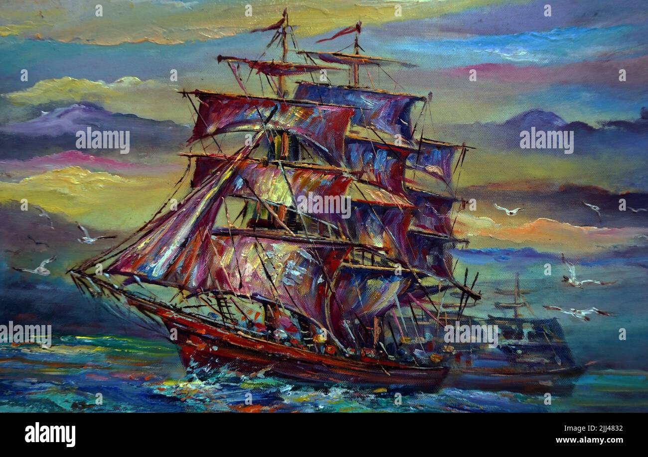 oil painting Lucky boat In the middle of the sea with very strong waves Stock Photo