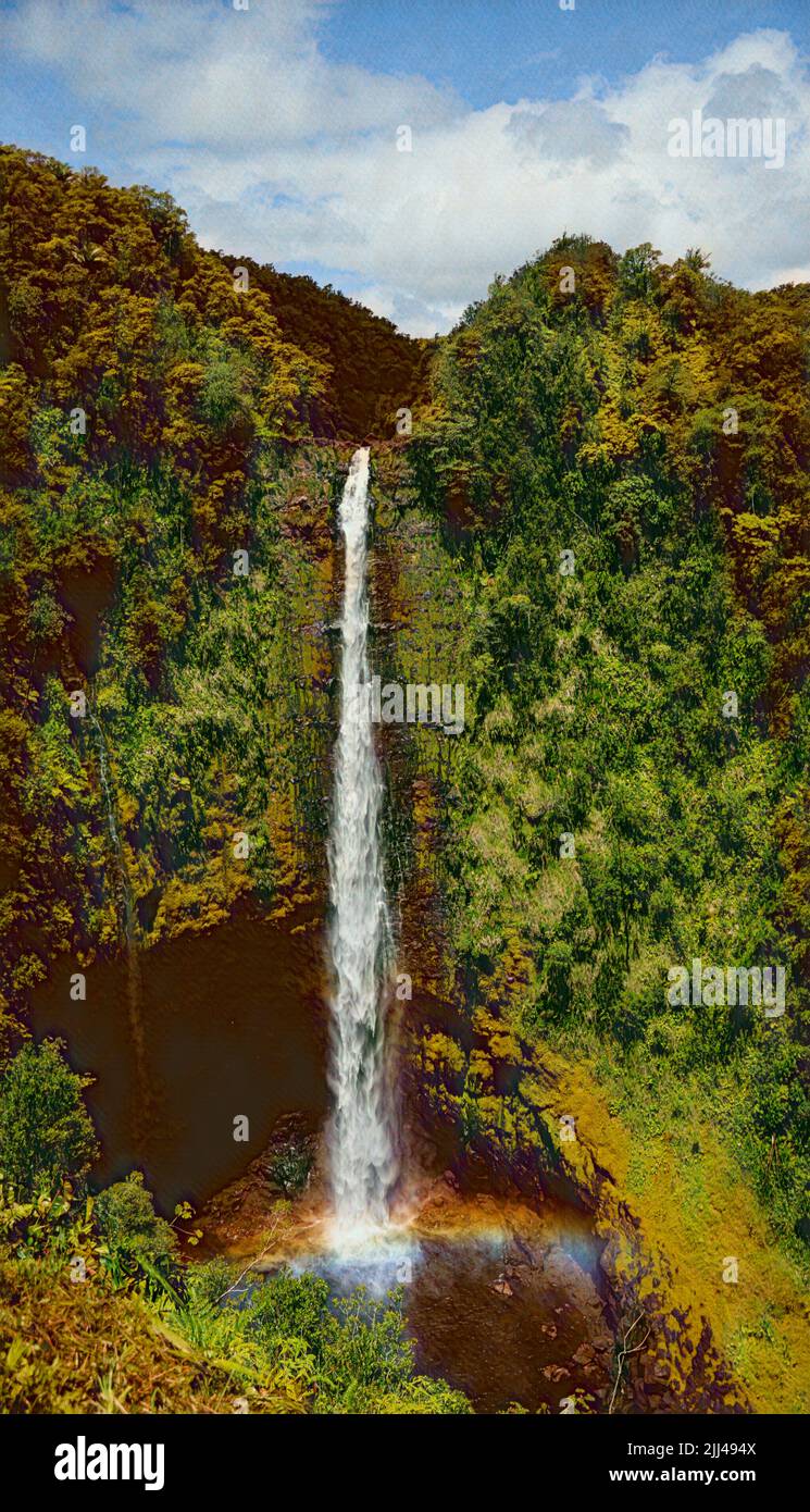 Akaka Falls State Park, waterfall in Hawaii.  With blue skies and a small rainbow at the bottom of the waterfall. Stock Photo