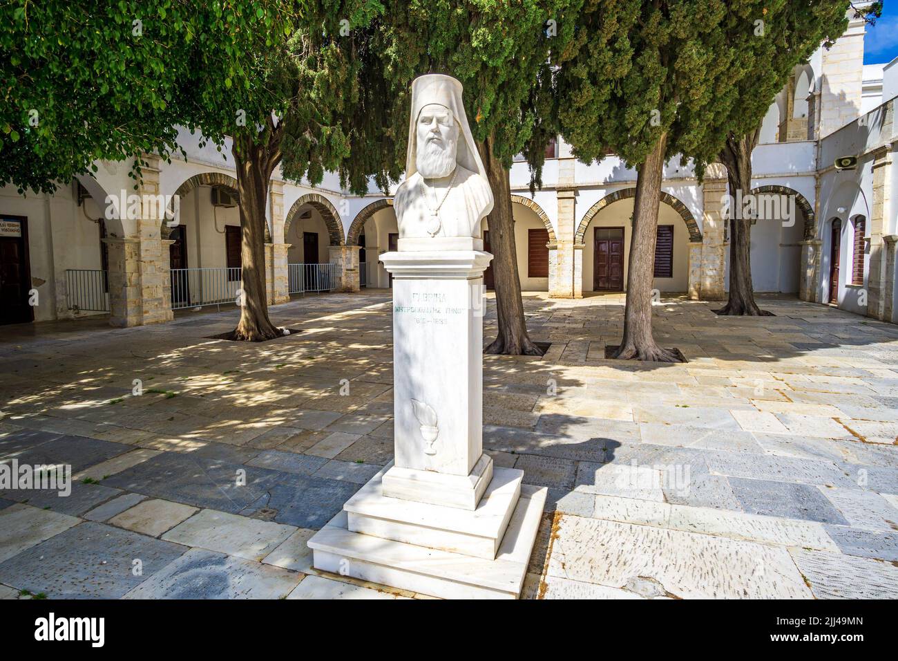 Statue of Gavriil, the Metropolitan Bishop of Tinos island in Cyclades, Greece, Europe Stock Photo