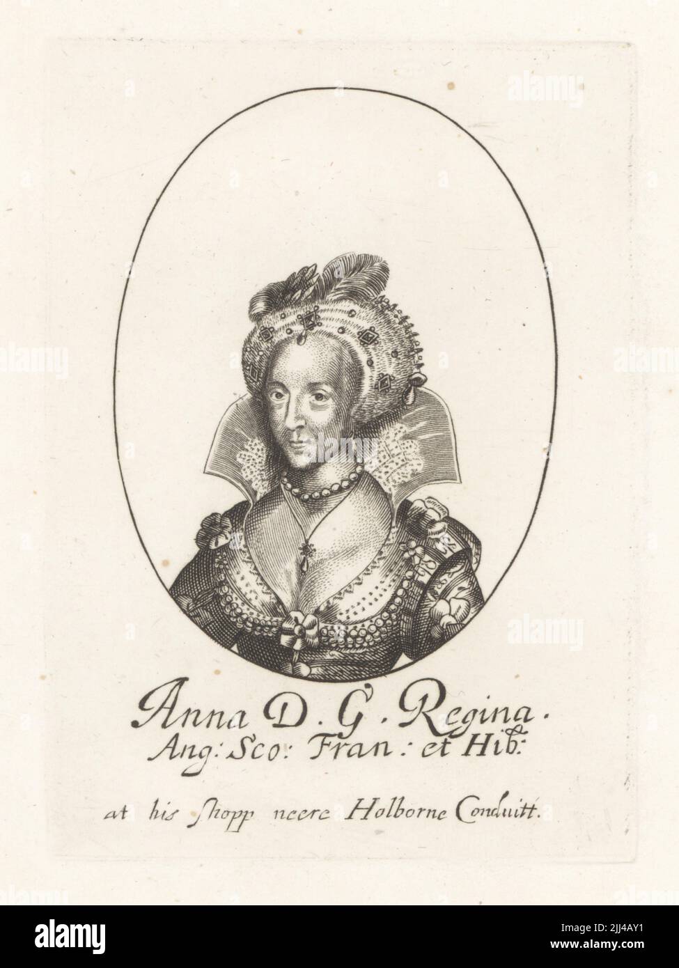 Anne of Denmark, queen of James VI of Scotland, later James I of England. In jeweled turban, standing lace collar, pearl necklace, embroidered gown. Anna DG Regina Ang Sco Fran et Hib. From William Faithorne's set of Kings, sold at his shop near Holborne Conduitt. Copperplate engraving from Samuel Woodburn’s Gallery of Rare Portraits Consisting of Original Plates, George Jones, 102 St Martin’s Lane, London, 1816. Stock Photo