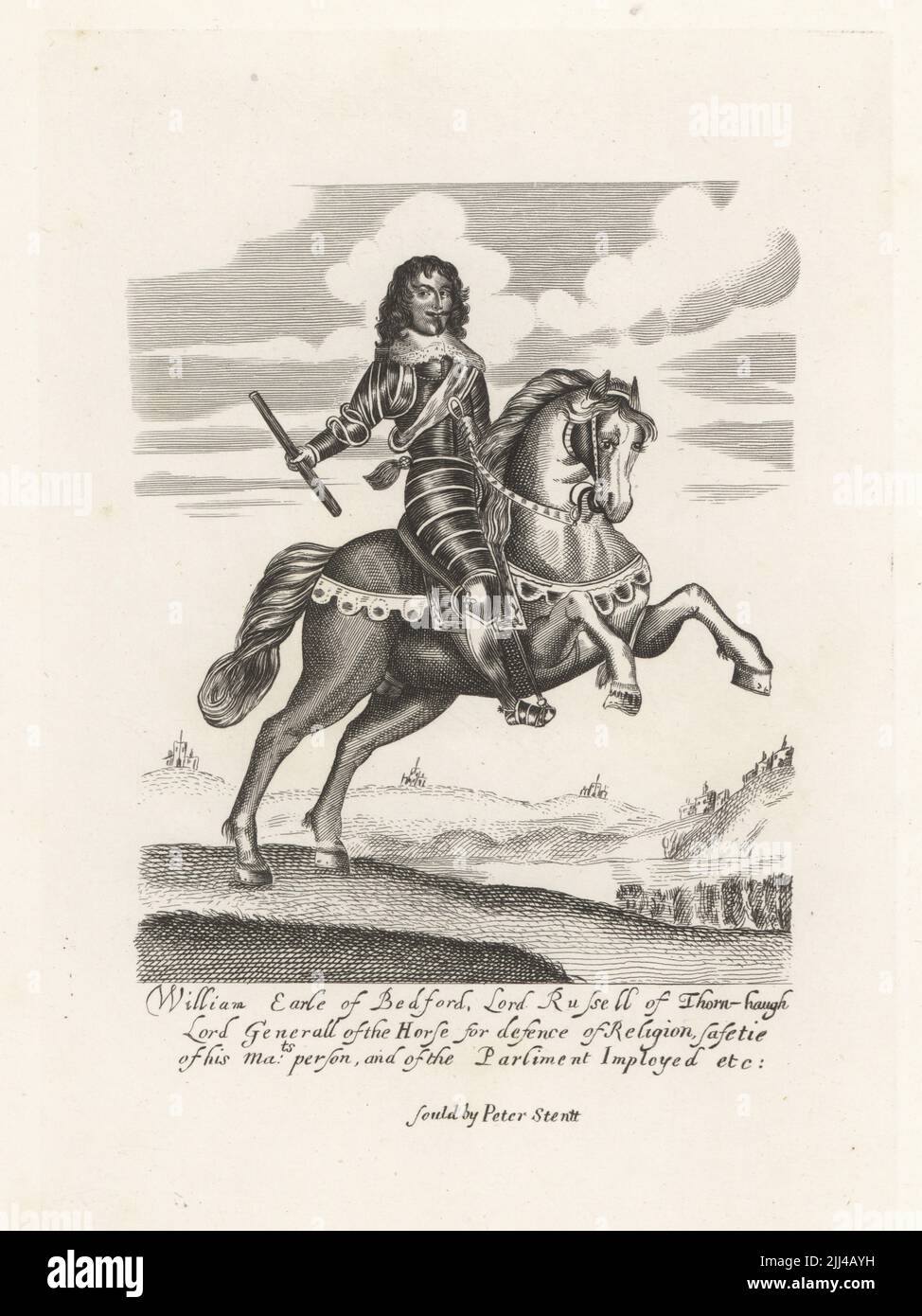 William Russell, 1st Duke of Bedford, 1616-1700, Nobleman who fought on both Royalist and Parliament sides of the English Civil War. Earl of Bedford, Lord Russell of Thornhaugh, Lord General of the Horse for the Defence of Religion. In armour on horseback with baton. From the unique equestrian plate in Earl Spencer's copy of Clarendon's History of the Rebellion, 1704, sold by Peter Stent, London printseller. Copperplate engraving from Samuel Woodburn’s Gallery of Rare Portraits Consisting of Original Plates, George Jones, 102 St Martin’s Lane, London, 1816. Stock Photo