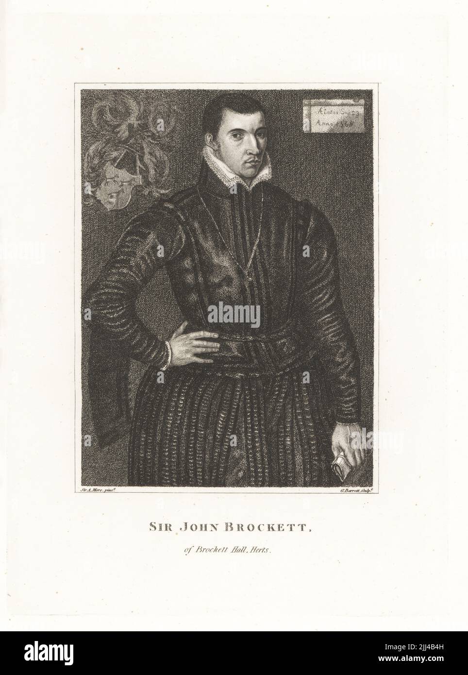 Sir John Brocket, 1540-1598, English noble, captain of Queen Elizabeth I's personal guard. Sir John Brockett, Brockett Hall, Herts. In lace collar, quilted doublet and hose, coat of arms behind him. Copperplate engraving by G. Barrett after a painting by Sir Anthony More dated 1568 from Samuel Woodburn’s Gallery of Rare Portraits Consisting of Original Plates, George Jones, 102 St Martin’s Lane, London, 1816. Stock Photo