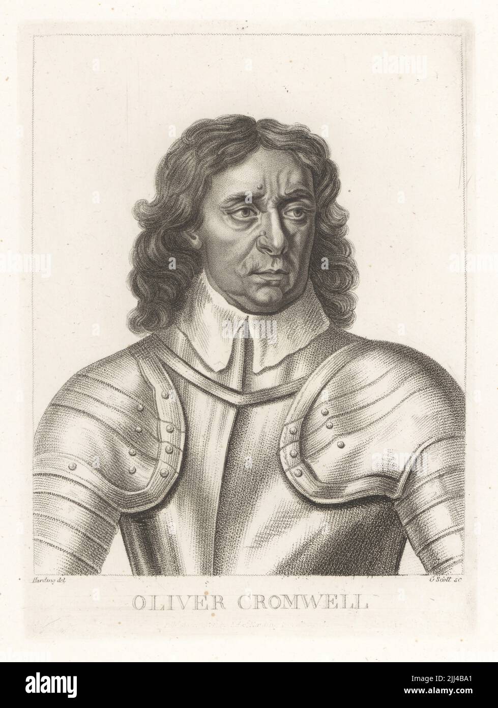 Portrait of Oliver Cromwell, 1599-1658, parliamentary leader in the English Civil War, Lord Protector. In suit of plate armour. Copperplate stipple engraving by G. Scott after a drawing by Edward Harding after a painting by Sir Peter Lely from Samuel Woodburn’s Gallery of Rare Portraits Consisting of Original Plates, George Jones, 102 St Martin’s Lane, London, 1816. Stock Photo