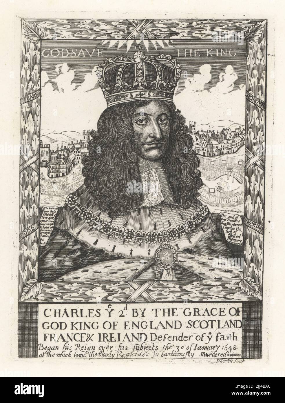 King Charles II of England, 1630-1685, with crown on his head, ermine mantle and collar of the Order of the Garter. View of the parade of the regicides of Charles I from Newgate to execution on Tower Hill in the background. Inscribed By the grace of God King of England, Scotland, France & Ireland. From a scarce and curious print by John Chantry. Copperplate engraving from Samuel Woodburn’s Gallery of Rare Portraits Consisting of Original Plates, George Jones, 102 St Martin’s Lane, London, 1816. Stock Photo