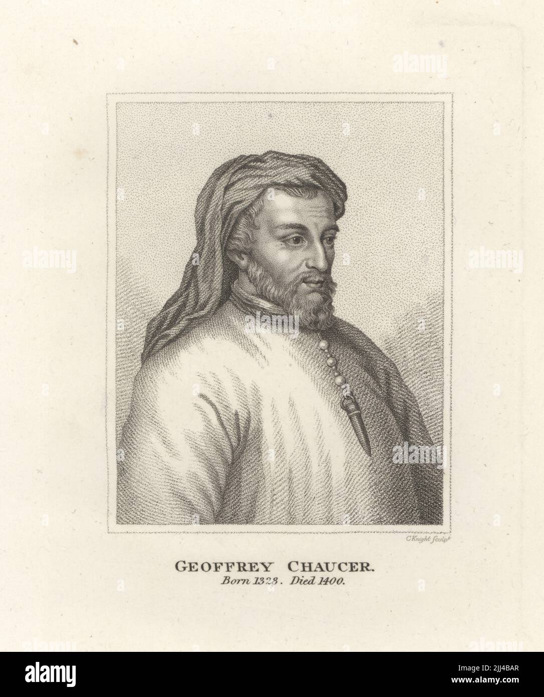 Geoffrey Chaucer, English author and poet, writer of The Canterbury Tales, first book publshed by printing press in England,  1328-1400. Copperplate engraving by Charles Knight from Samuel Woodburn’s Gallery of Rare Portraits Consisting of Original Plates, George Jones, 102 St Martin’s Lane, London, 1816. Stock Photo