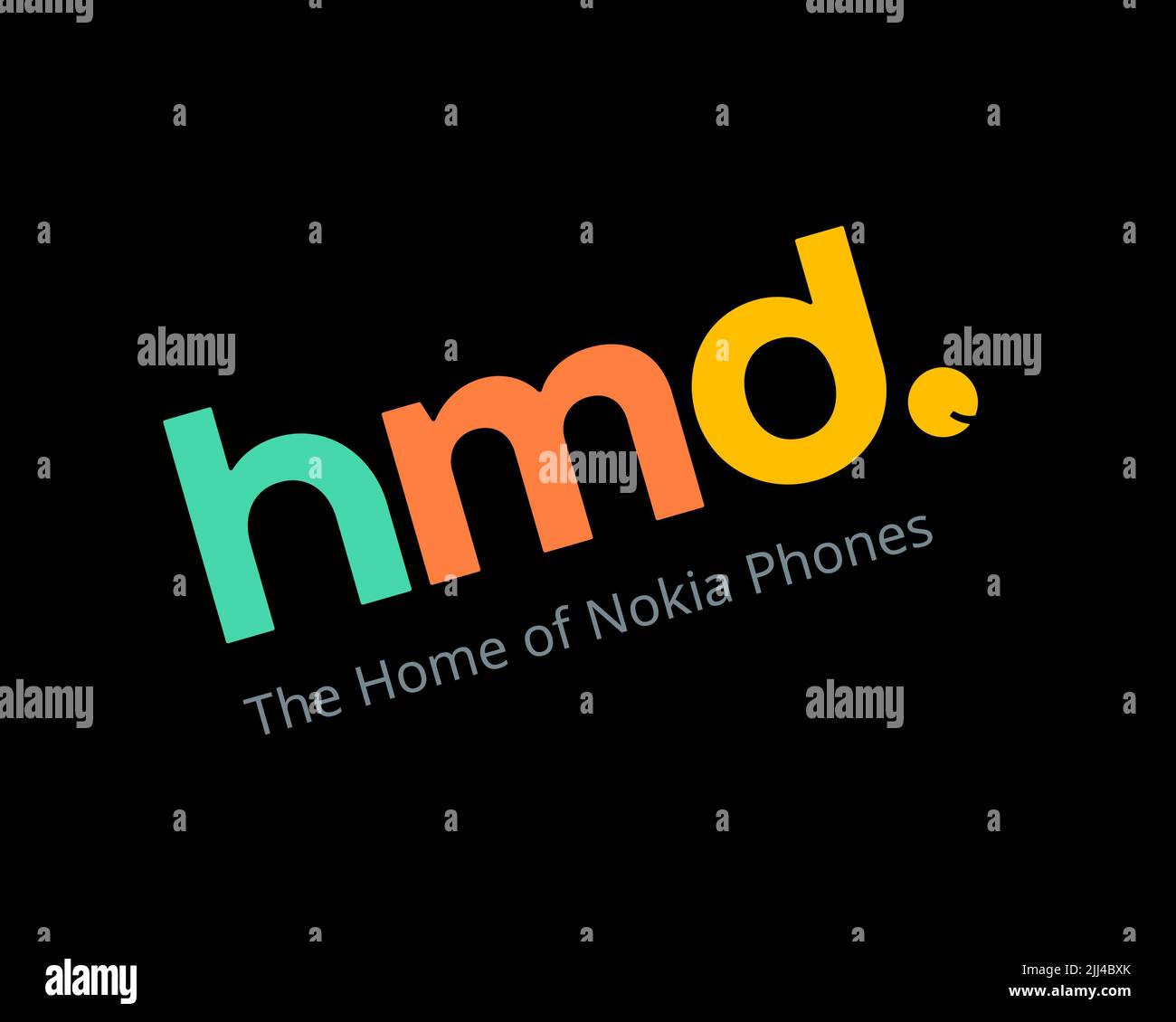 HMD Global, rotated logo, black background Stock Photo