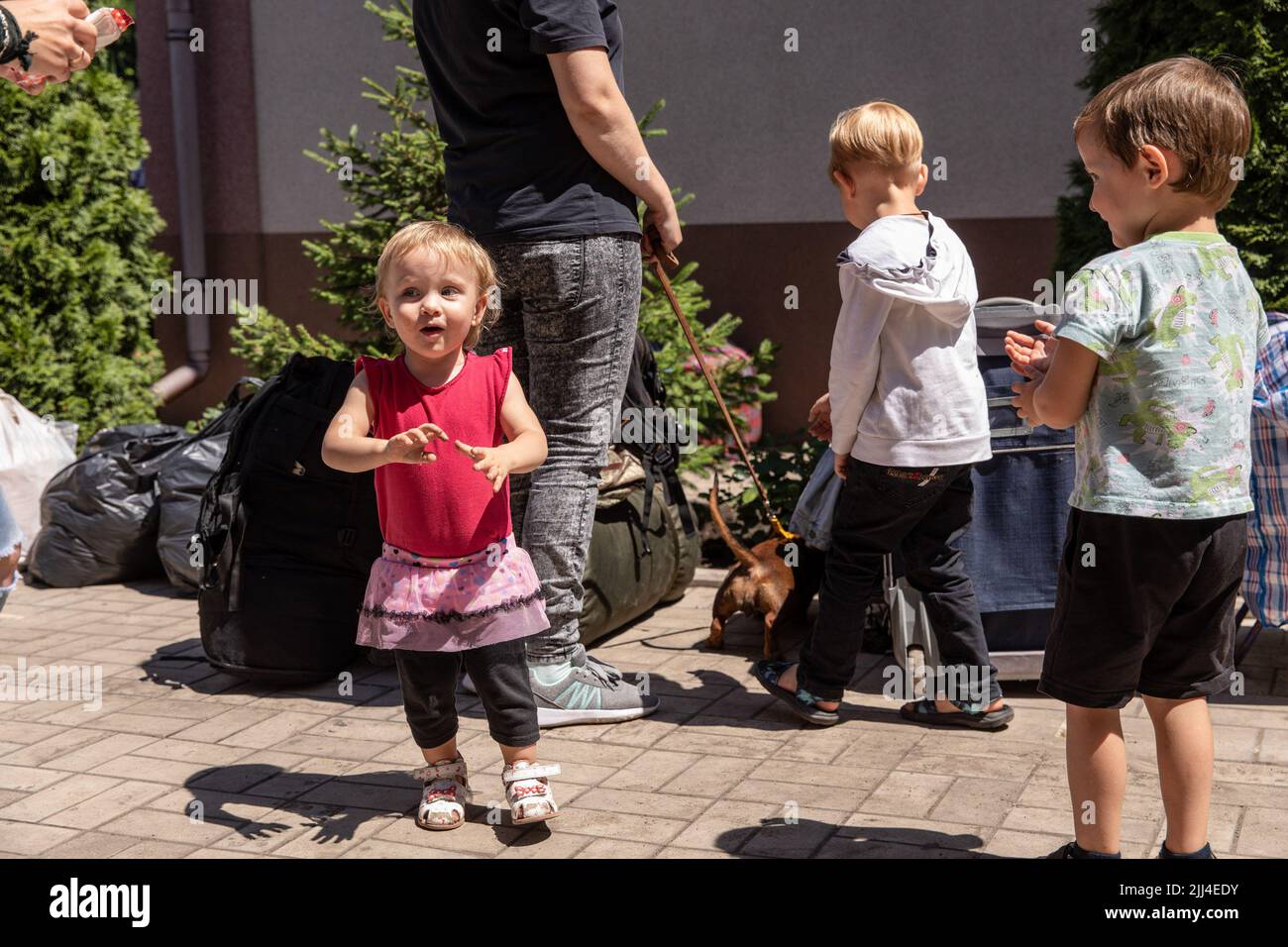 July 15, 2022, Pokorvsk, DonetsÃ-ka OblastÃ, Ukraine: A child can be seen playing at a temporary refugee centre in Pokorvsk, Donetsk on Friday, July 15, 2022. Amid the intensified fighting in the Eastern part of Ukraine, millions of Ukrainian families now have been evacuating from the closer and closer war, as many of them will be relocated to the western part of the country.According to the United Nations, at least 12 million people have fled their homes since Russia's invasion of Ukraine, while seven million people are displaced inside the country. (Credit Image: © Alex Chan Tsz Yuk/SOPA Im Stock Photo