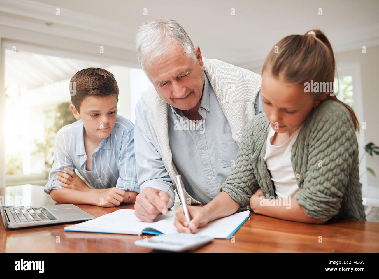 Maybe Ill learn something too. a grandfather helping his grandkids with homework at home. Stock Photo