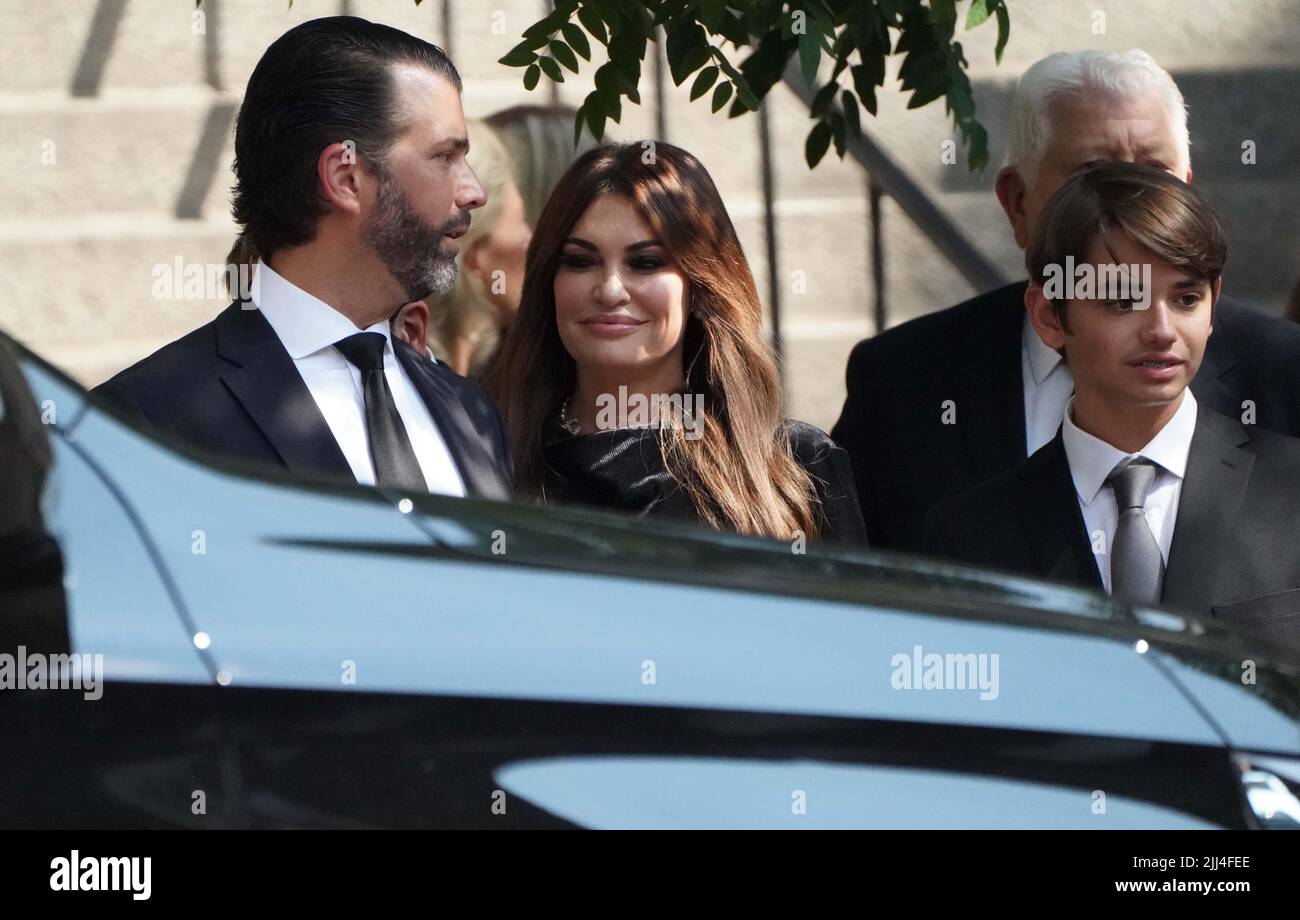 New York, United States. 19th July, 2022. Donald Trump Jr. and Kimberly Guilfoyle greet guests as they exit Ivana Trump's funeral services at St Vincent Ferrer Catholic Church in New York City. (Photo by Catherine Nance/SOPA Images/Sipa USA) Credit: Sipa USA/Alamy Live News Stock Photo