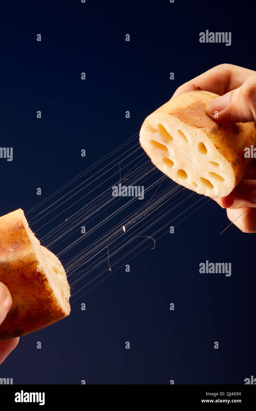 A closeup of the wire drawing effect of a lotus root after being cut