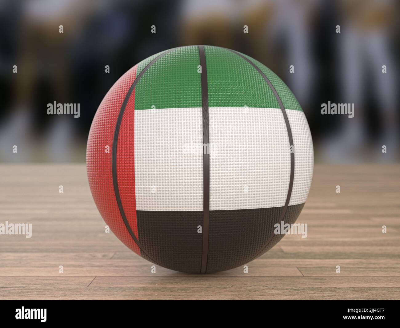 Basketball ball UAE flag on a wooden floor. 3d illustration Stock Photo