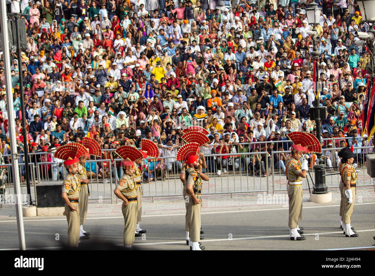 The lowering of the flags ceremony at the Attari-Wagah border is a daily military practice that the security forces of India Stock Photo