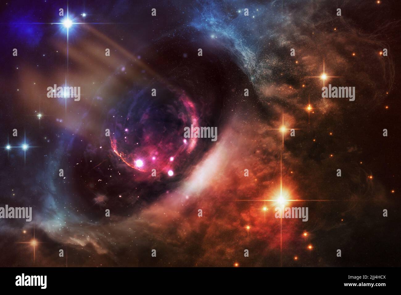 Background of fantasy alien galaxy with orange and blue glowing clouds and stars. Black hole core between different parts of space. Portal to other di Stock Photo