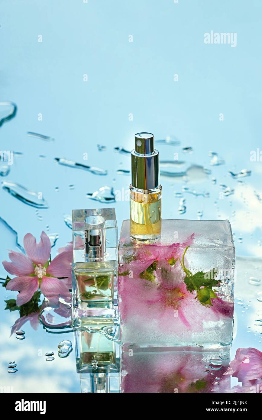 Template for perfume and eau de toilette with ice deco, podium with flowers Stock Photo