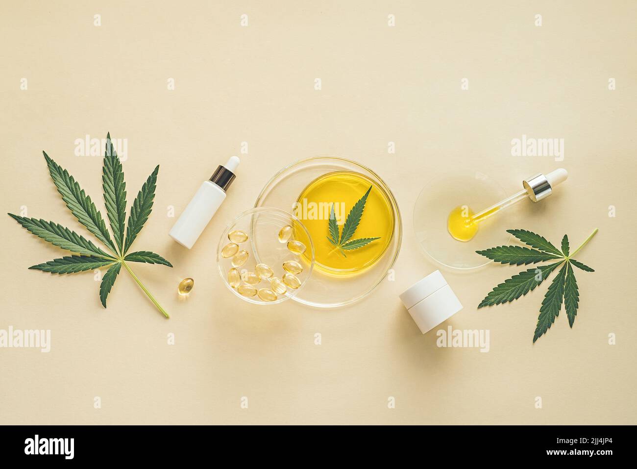 Skin care cosmetics with CBD oil and cannabis in a white mock-up package Stock Photo
