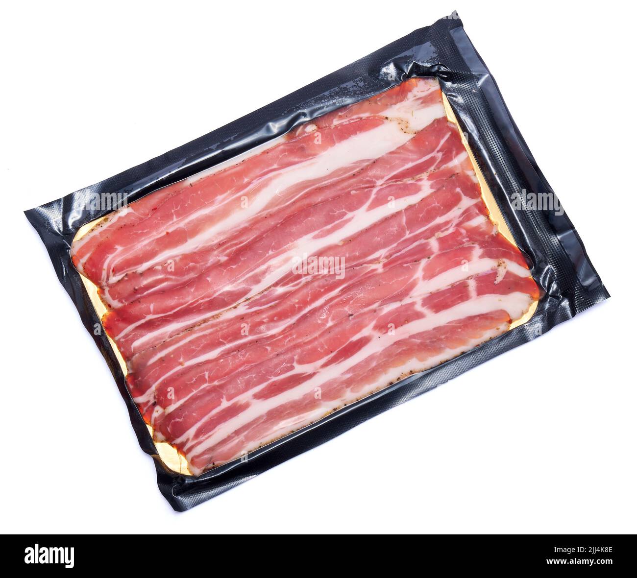 Bacon strips in plastic package for wholesales isolated on white background Stock Photo
