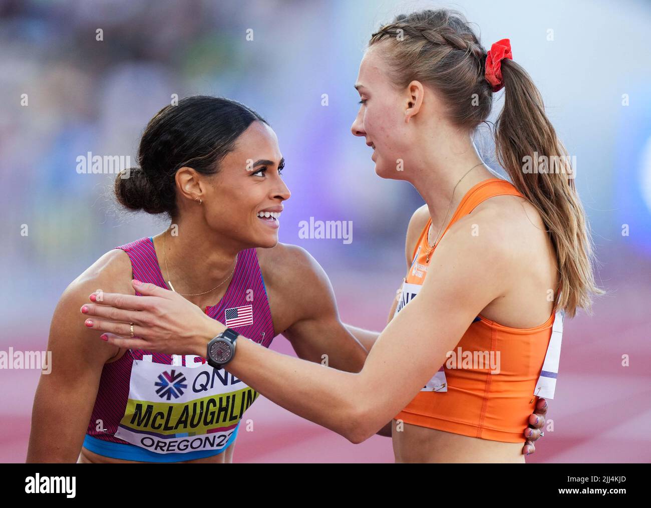 Eugene, USA. 22nd July, 2022. Femke Bol (R) of the Netherlands greets
