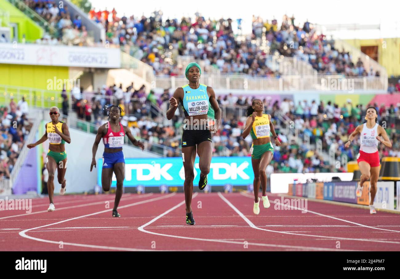 Eugene, USA. 22nd July, 2022. Shaunae Miller-Uibo (C) of Bahamas ...