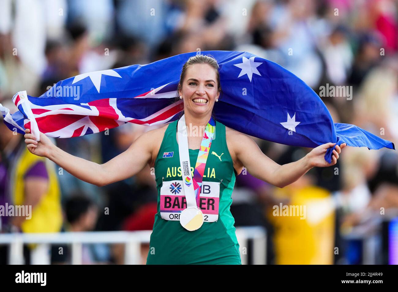 Eugene, USA. 22nd July, 2022. Kelsey-Lee Barber of Australia celebrates after the women's javelin throw final at the World Athletics Championships Oregon22 in Eugene, Oregon, the United States, July 22, 2022. Credit: Wang Ying/Xinhua/Alamy Live News Stock Photo