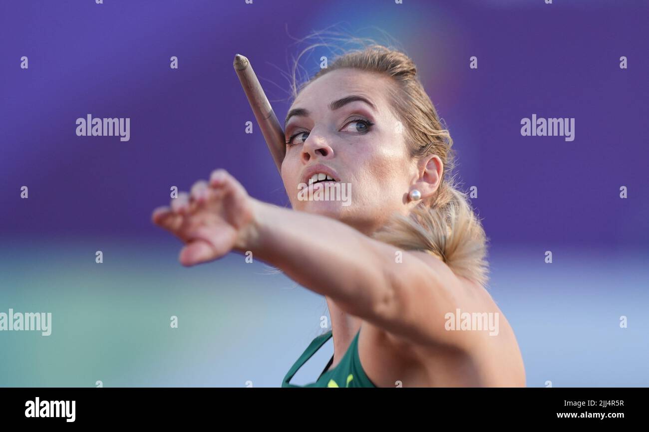 Eugene, USA. 22nd July, 2022. Kelsey-Lee Barber of Australia competes during the women's javelin throw final at the World Athletics Championships Oregon22 in Eugene, Oregon, the United States, July 22, 2022. Credit: Wu Xiaoling/Xinhua/Alamy Live News Stock Photo