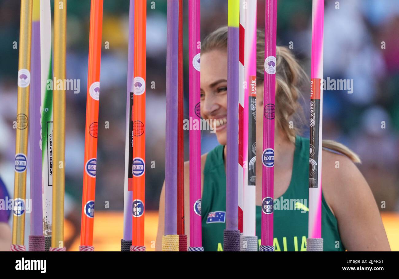 Eugene, USA. 22nd July, 2022. Kelsey-Lee Barber of Australia reacts during the women's javelin throw final at the World Athletics Championships Oregon22 in Eugene, Oregon, the United States, July 22, 2022. Credit: Wu Xiaoling/Xinhua/Alamy Live News Stock Photo