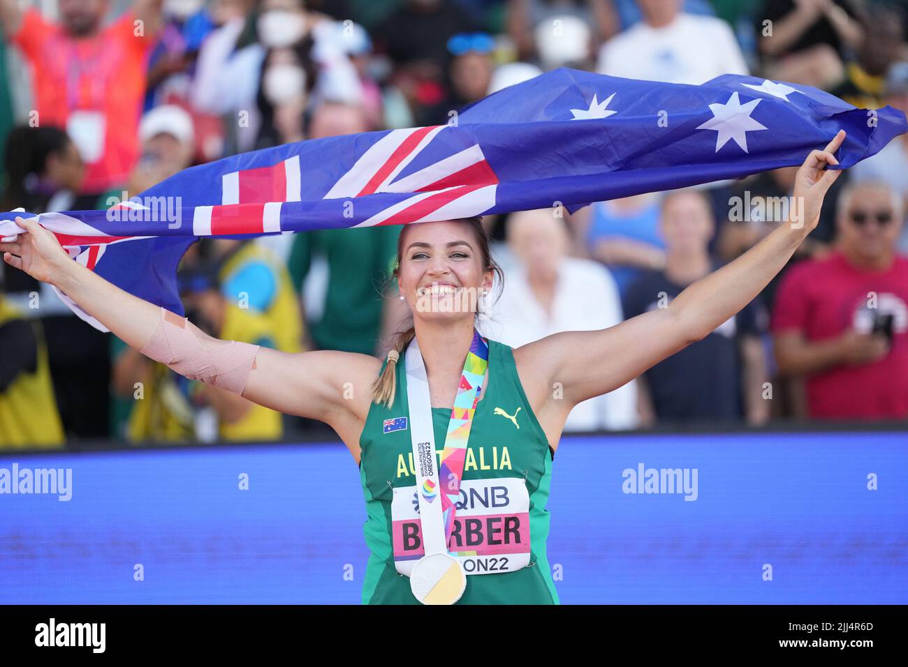 Eugene, USA. 22nd July, 2022. Kelsey-Lee Barber of Australia celebrates after the women's javelin throw final at the World Athletics Championships Oregon22 in Eugene, Oregon, the United States, July 22, 2022. Credit: Wu Xiaoling/Xinhua/Alamy Live News Stock Photo